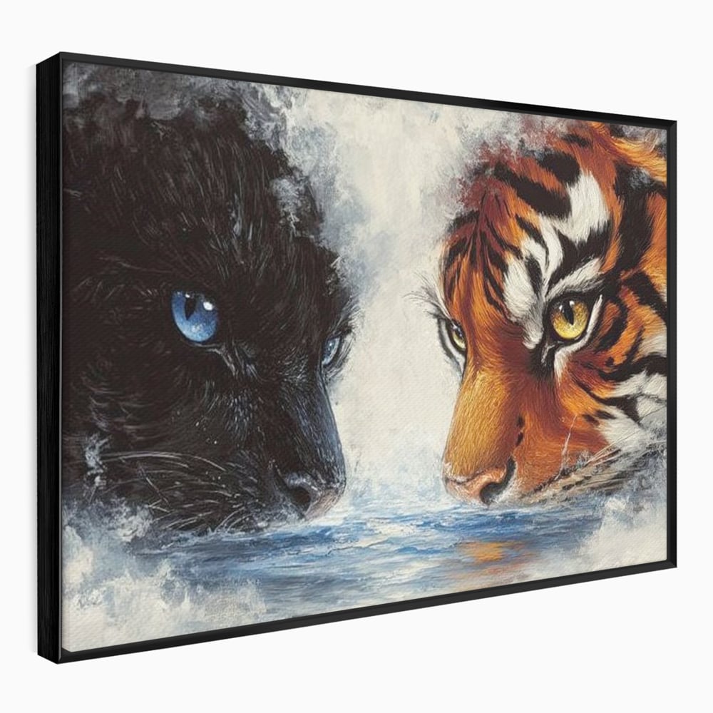 Tablou canvas cu tablou canvas cu pantera si tigru, in rama de aluminiu negru